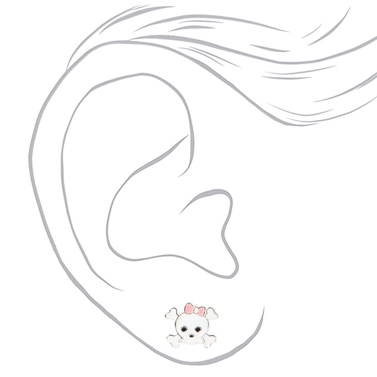 Sterling Silver Pink Bow Skull and Crossbones Stud Earrings,