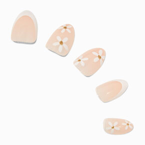White Daisy French Tip Short Almond Vegan Faux Nail Set - 24 Pack,