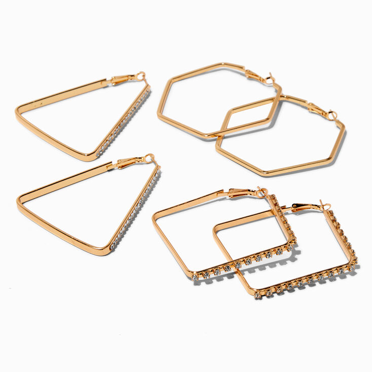 Gold-tone Crystal Geometric Hoop Earrings - 3 Pack ,
