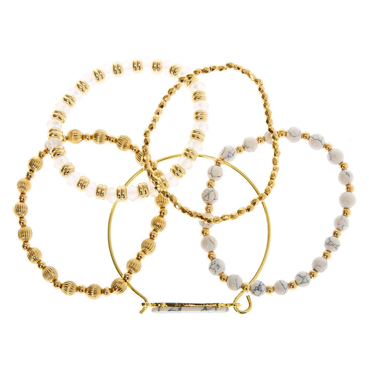 Gold Marble Beaded Stretch Bracelets - White, 5 Pack,