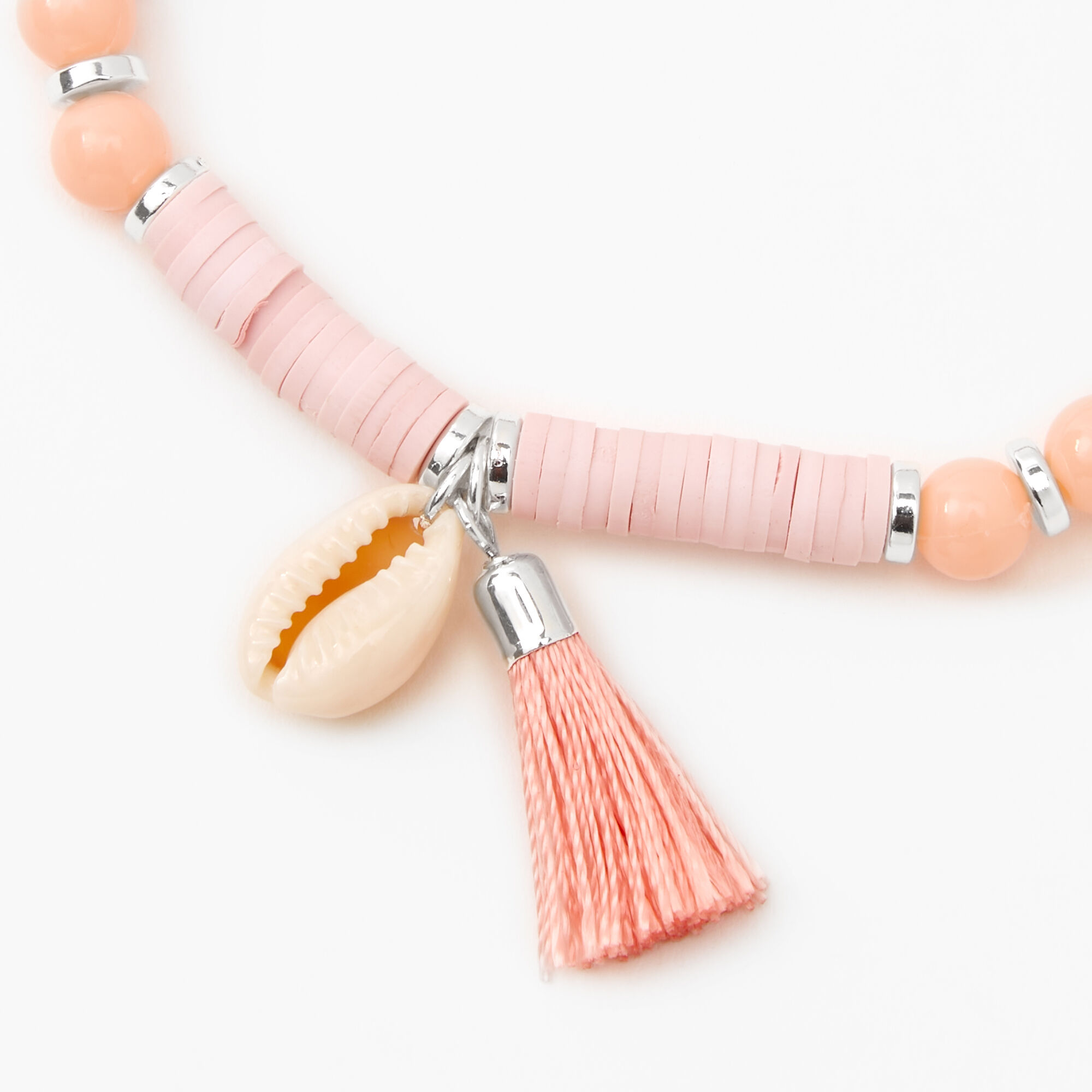 Cowrie Shell Beaded Stretch Bracelet - Coral Pink,