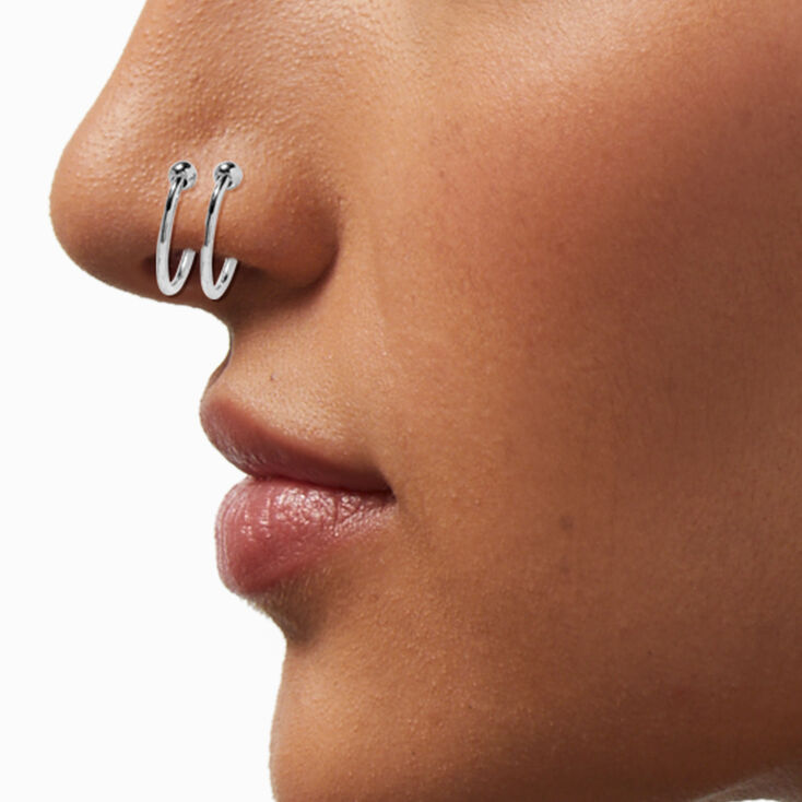 Claire's Stainless Steel Double Hoop Faux Nose Ring | Silver