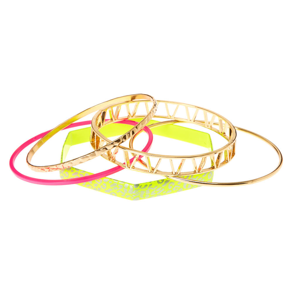 Gold & Neon Leopard Bangle Bracelets - 5 Pack,
