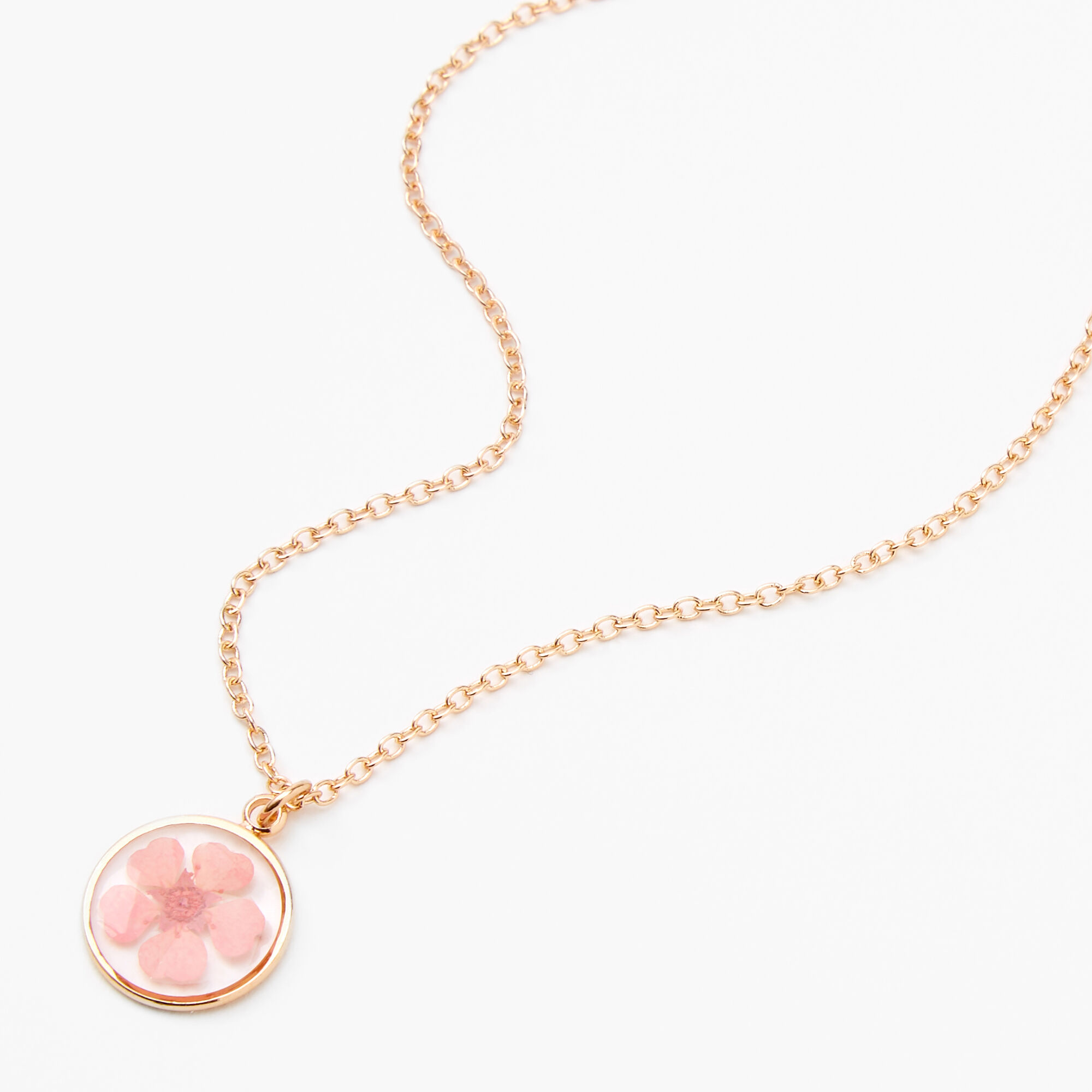 Claire's Gold Framed Flower Pendant Necklace | Pink