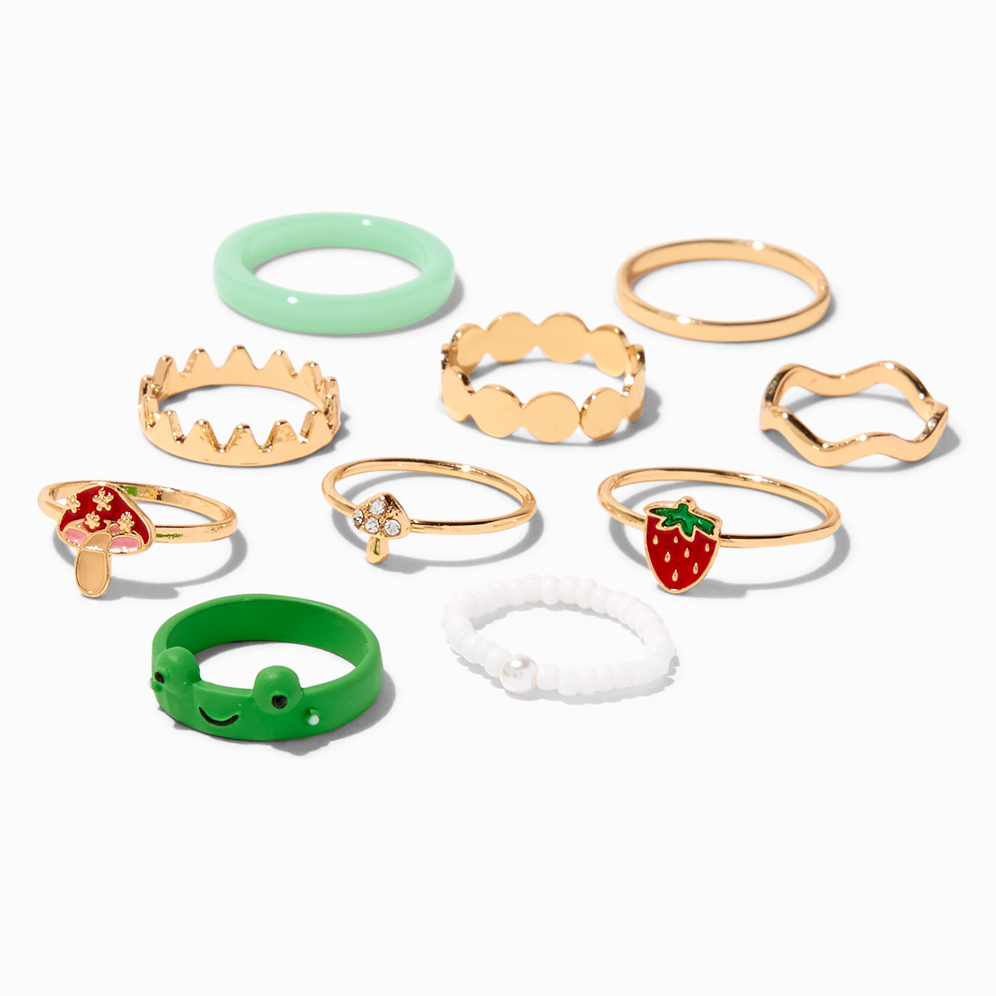 View Claires Y2K Frog Rings Set 10 Pack Gold information