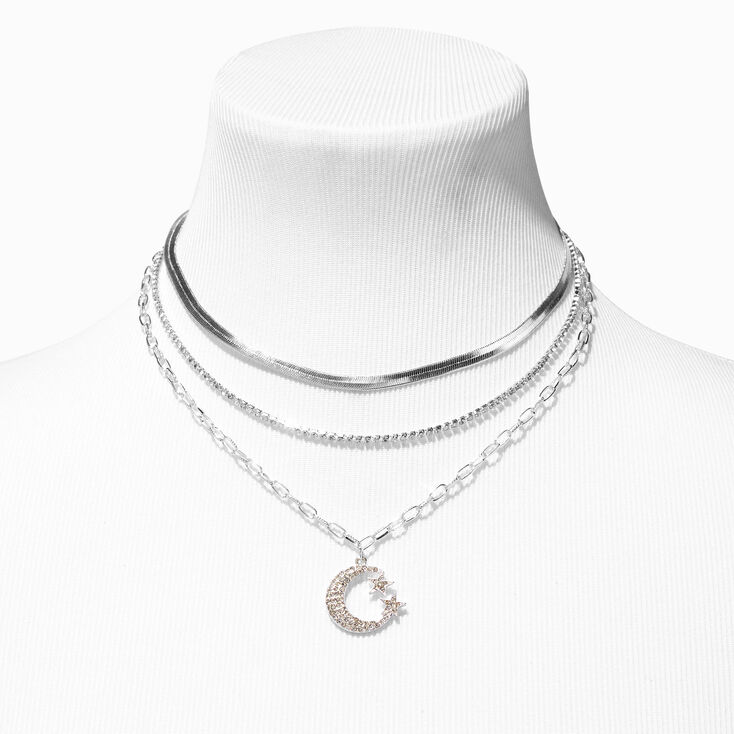 Silver Crescent Moon &amp; Stars Chain Multi-Strand Necklace,