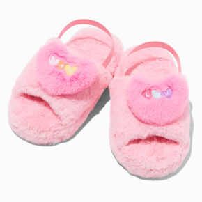Conversation Hearts Pink Furry Slide Slippers - S/M,