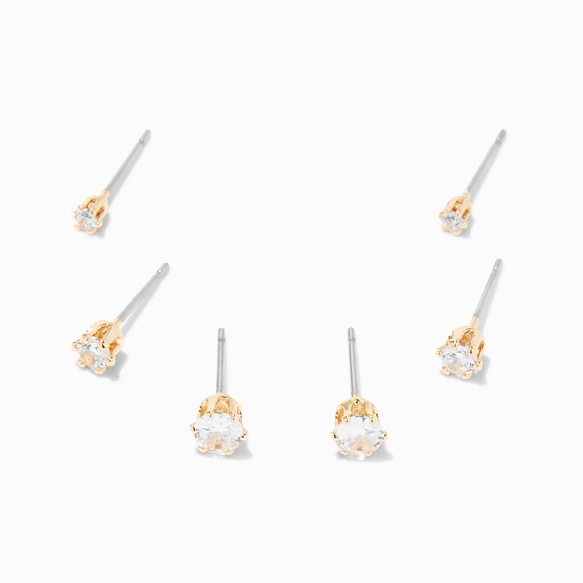 Gold-tone Cubic Zirconia 2mm, 3mm, & 4mm Round Stud Earrings - 3 Pack,