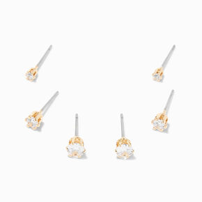 Gold-tone Cubic Zirconia 2MM, 3MM, &amp; 4MM Round Stud Earrings - 3 Pack,