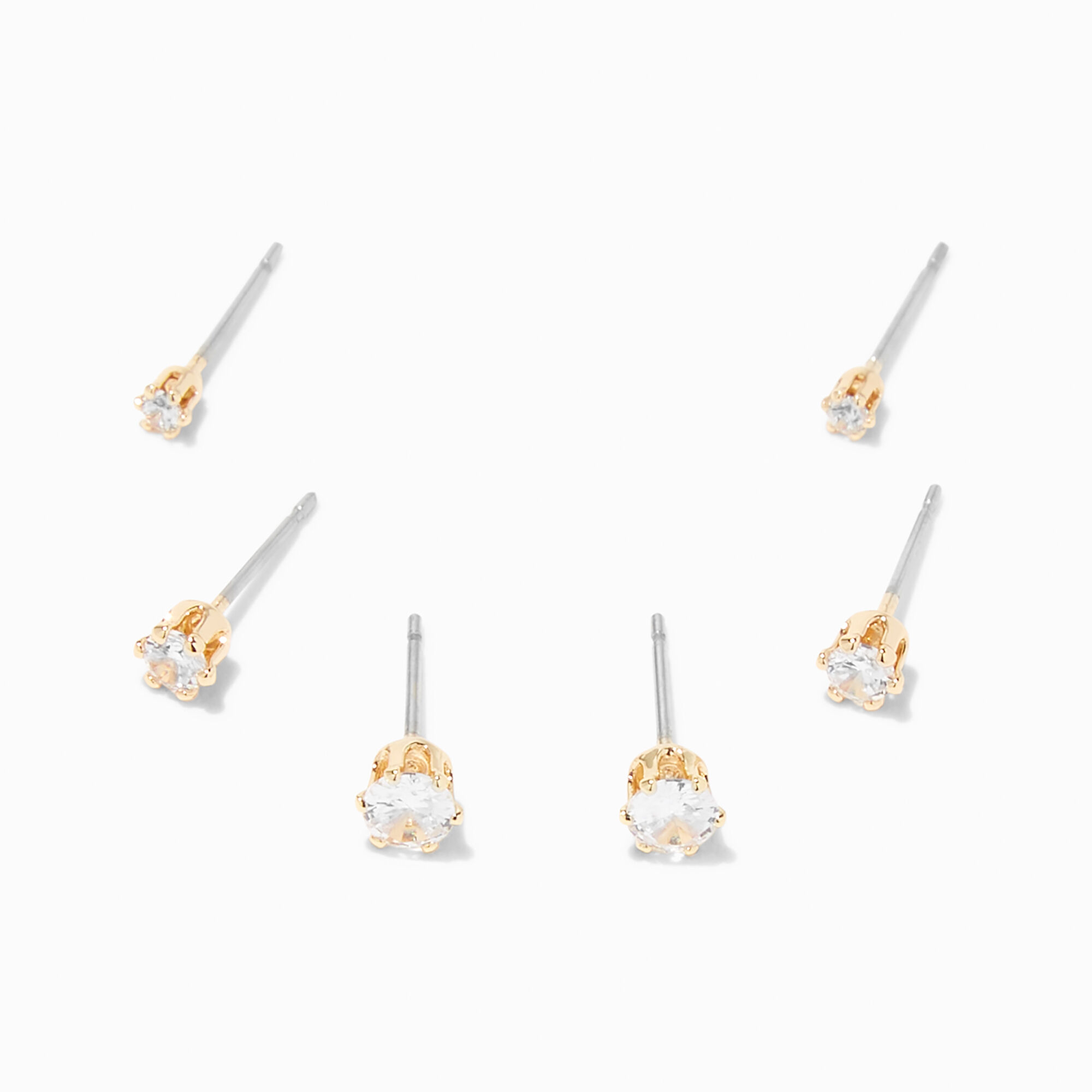 View Claires Tone Cubic Zirconia 2MM 3MM 4MM Round Stud Earrings 3 Pack Gold information