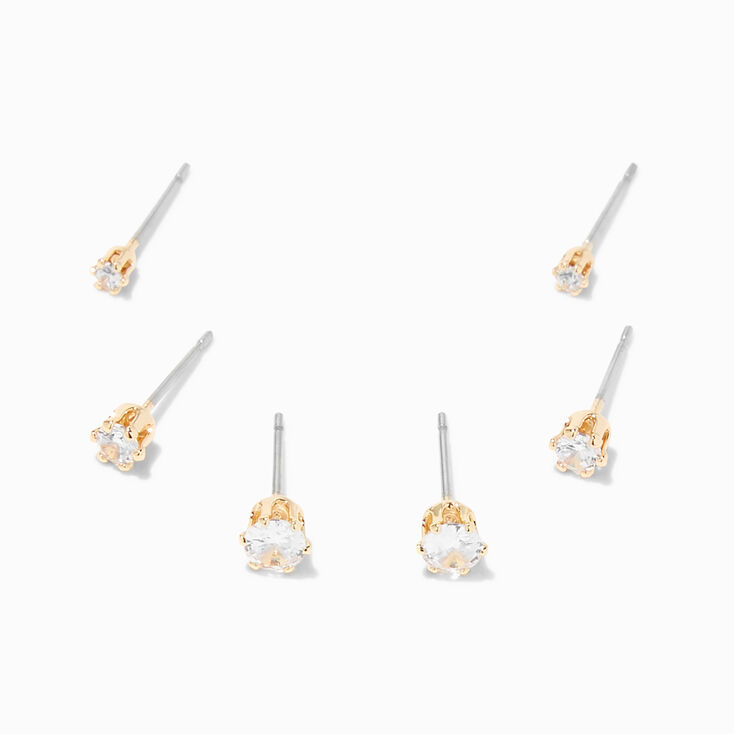 Gold Cubic Zirconia 2MM, 3MM, &amp; 4MM Round Stud Earrings - 3 Pack,
