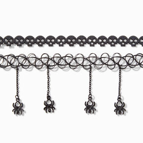 Black Skull &amp; Spider Tattoo Choker Necklaces - 2 Pack,