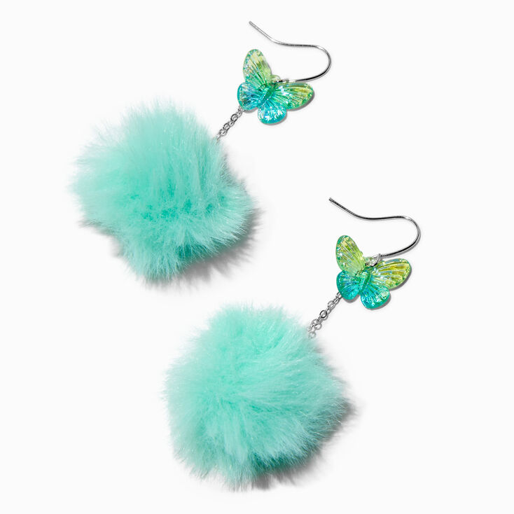 Mint Butterfly Pom 3&#39;&#39; Drop Earrings,