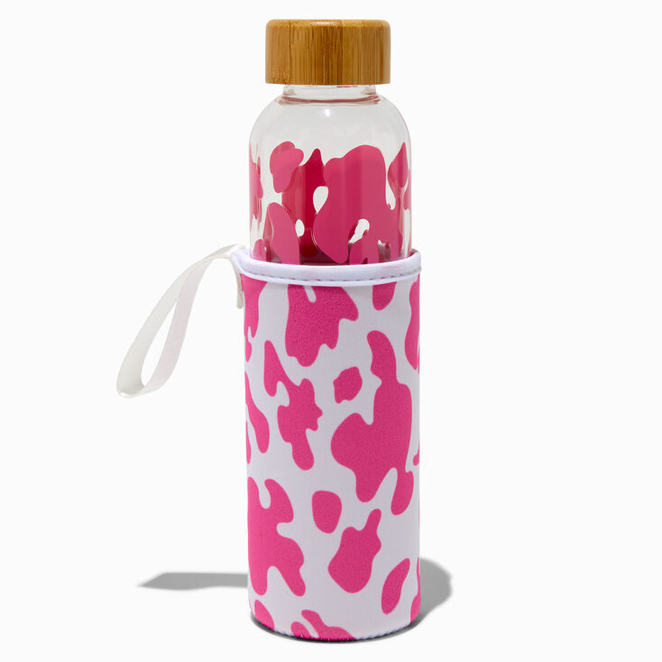 Pink Cow Print Glass Water Bottle with Sleeve