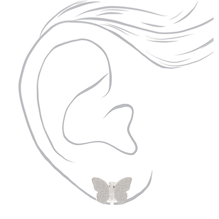 Silver Glitter Butterfly Clip On Stud Earrings,