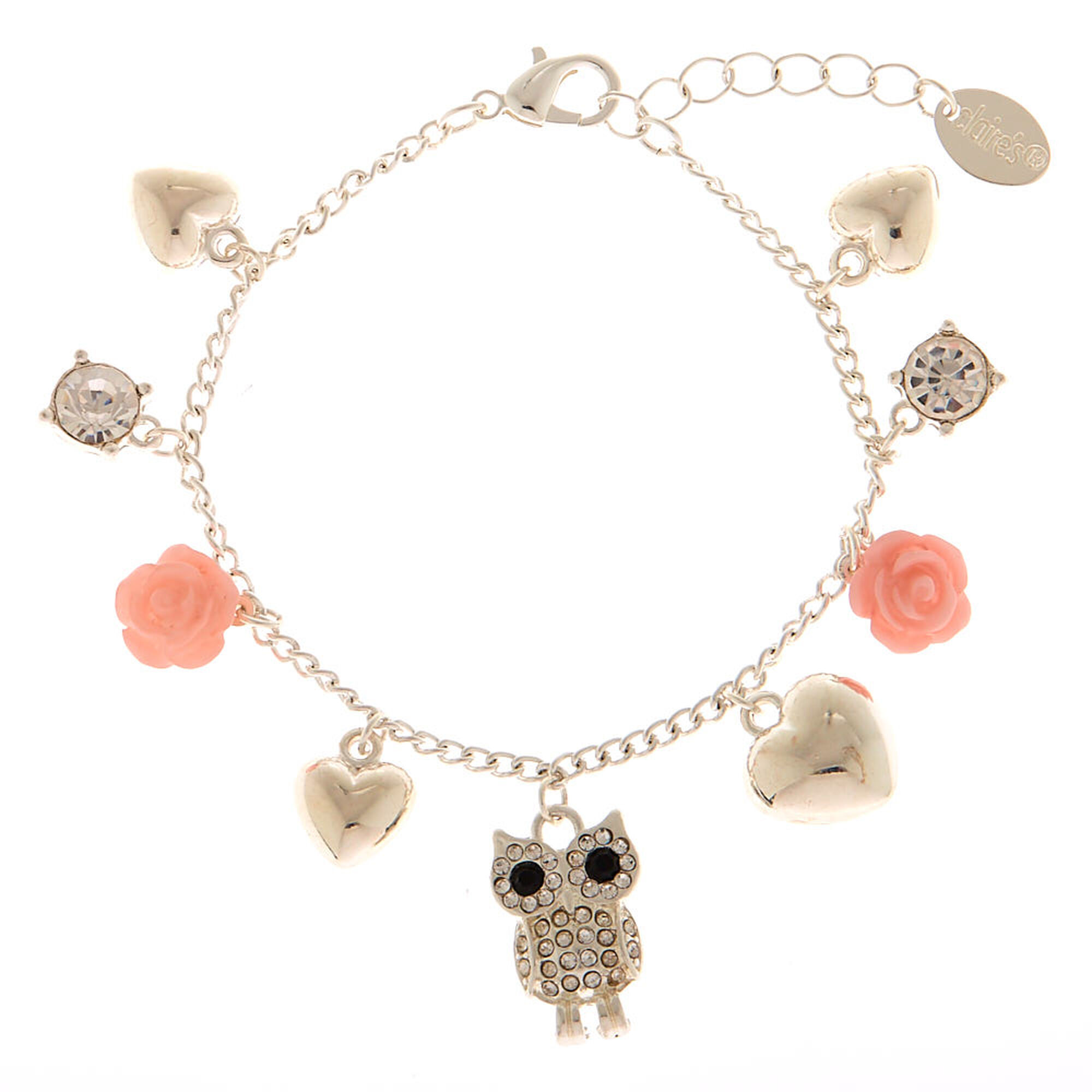 Silver Owl Rose Charm Bracelet - Pink,
