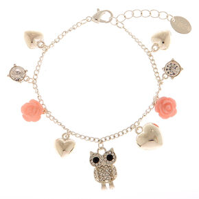 Silver Owl Rose Charm Bracelet - Pink,