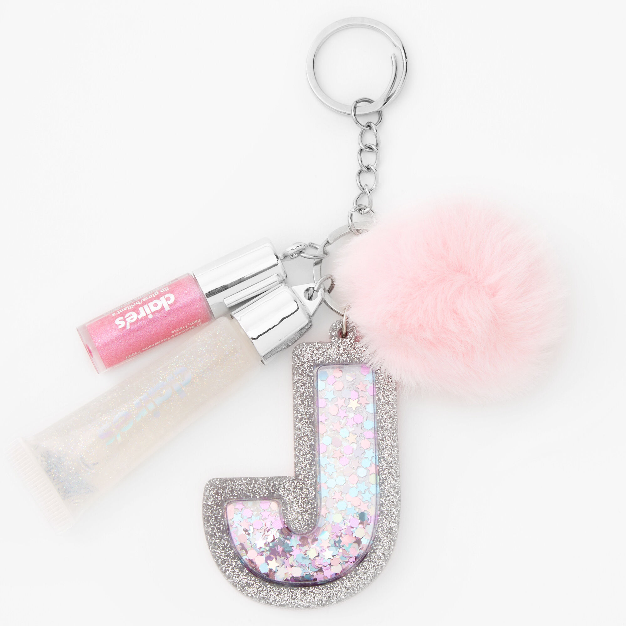 Acrylic Letter/Initial Pink Pom Pom and Heart Glitter Filled Keychain/Bag  Charm