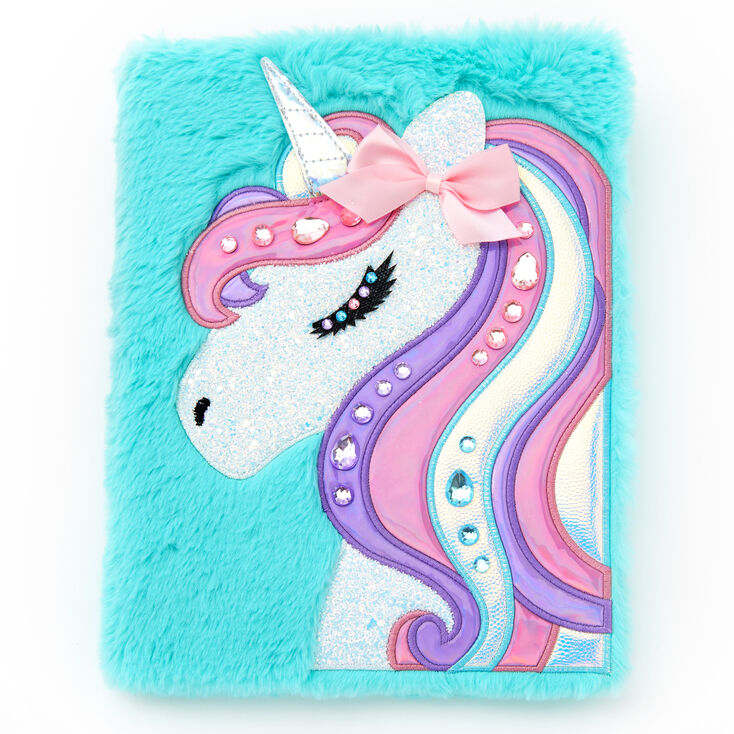 Carnet &agrave; dessin en peluche scintillant motif licorne - Turquoise,