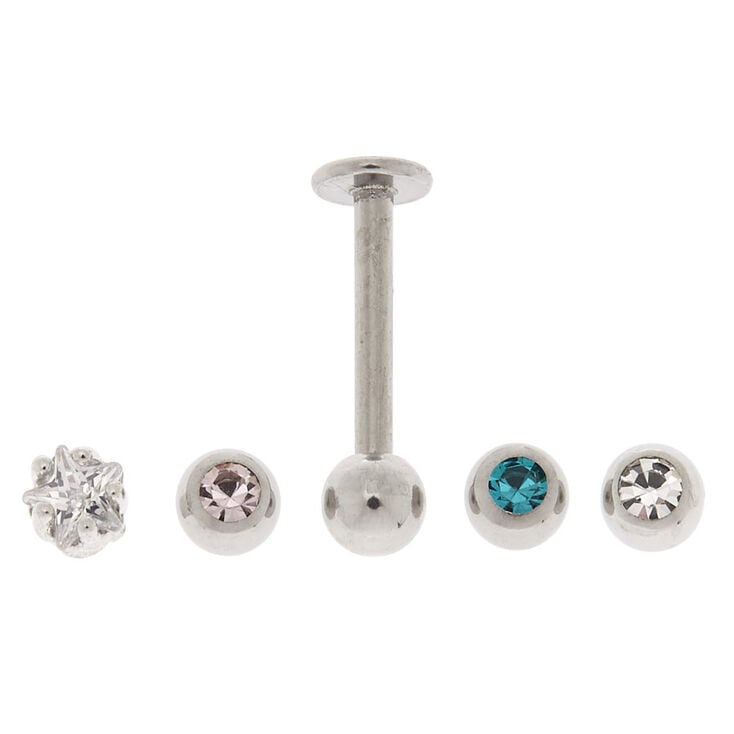 Silver-tone 16G Pastel Cubic Zirconia Loose Labret Flat Back Studs - 5 Pack,