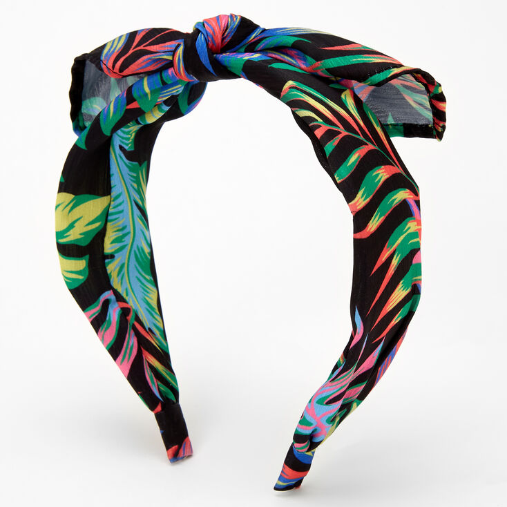 Tropical Palm Leaf Knotted Bow Headband - Black,