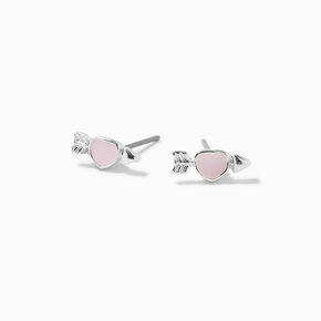 Silver-tone Pink Heart Arrow Stud Earrings,