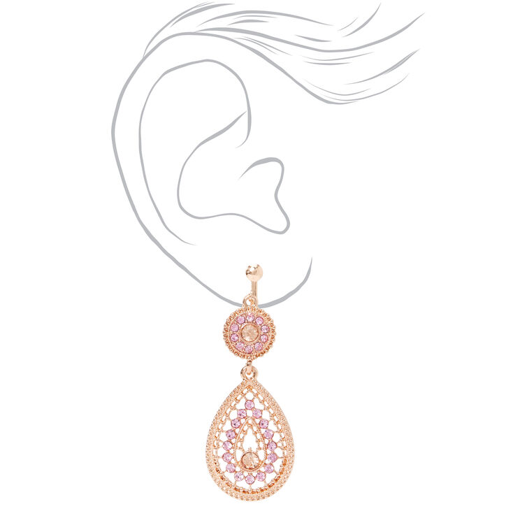 Rose Gold 2&quot; Teardrop Clip On Drop Earrings - Pink,