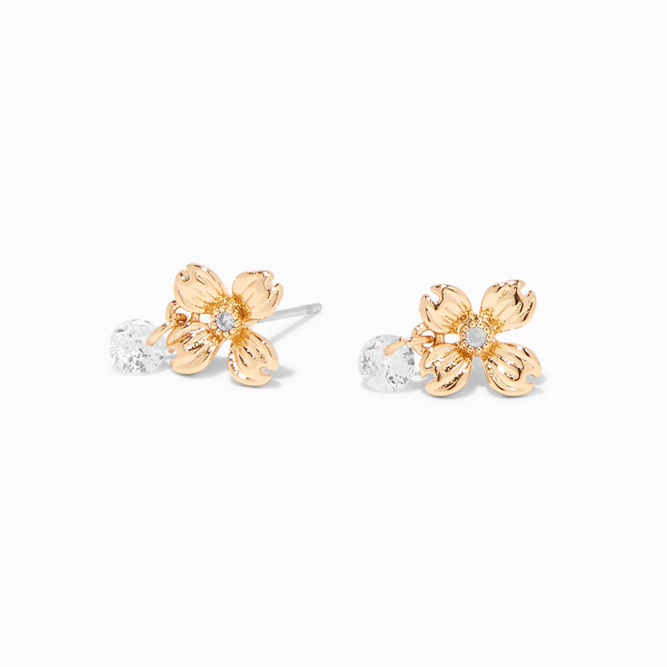 Gold-tone Flower Cubic Zirconia Charm Stud Earrings,