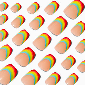 Rainbow French Tip Coffin Vegan Press On Faux Nail Set - 24 Pack,