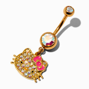 Hello Kitty&reg; 50th Anniversary Claire&#39;s Exclusive Gold-tone Stainless Steel Pink Crystal Charm 14G Belly Bar,