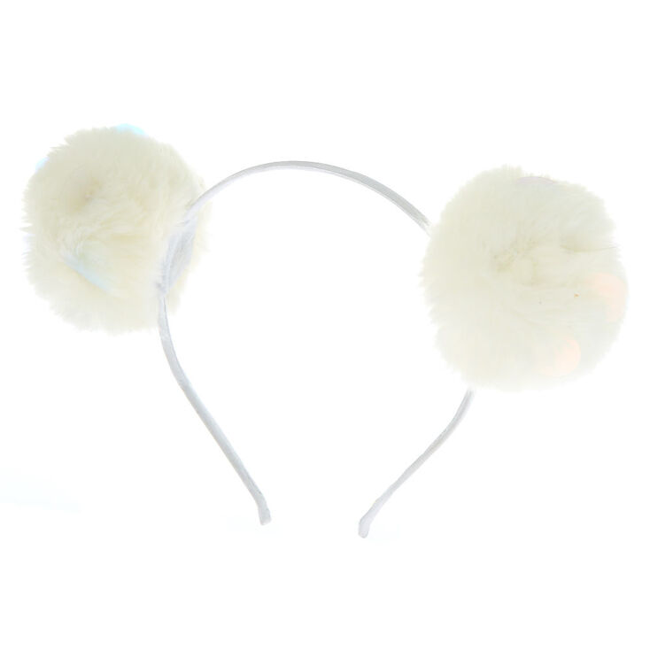Sequin Pom Pom Ears Headband White Claire S
