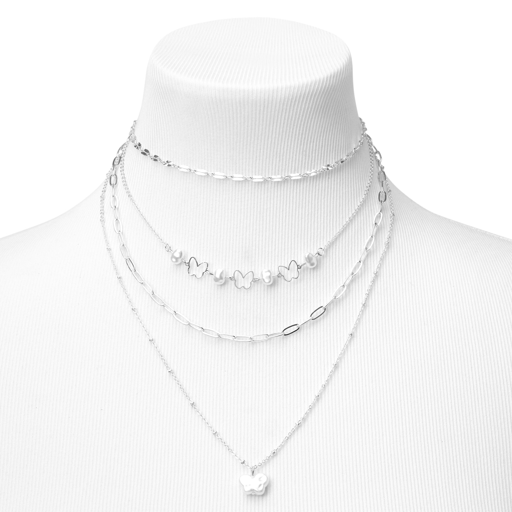 Silver Butterfly Multi Strand Choker Necklace,