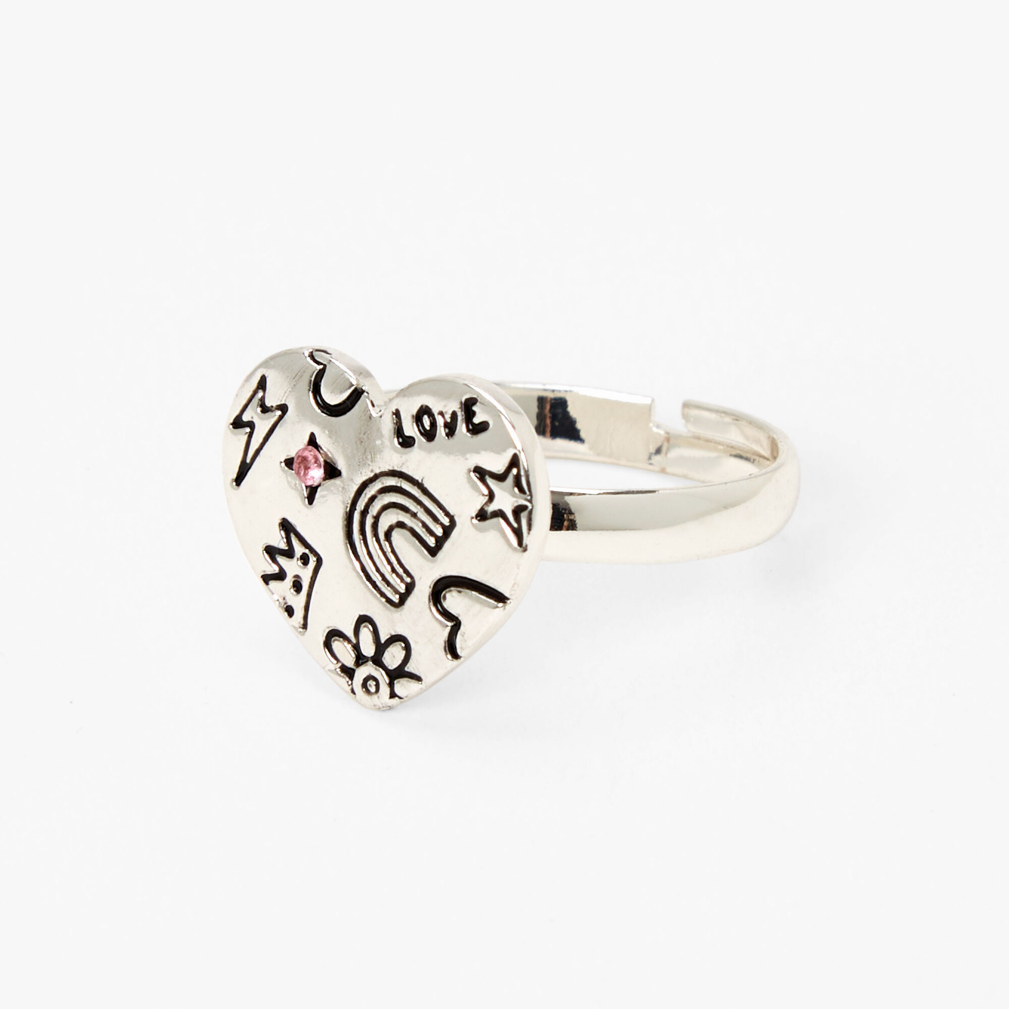 Silver Graffiti Heart Adjustable Ring,