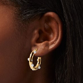 Gold-tone Stainless Steel Crystal &amp; Pearl Studded 10MM Hoop Earrings,