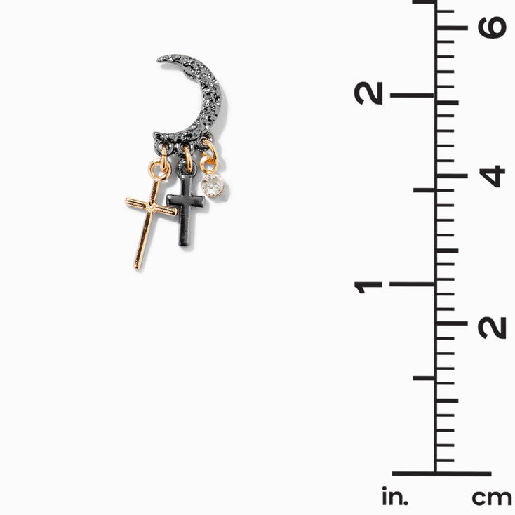 Mixed Metal 1&quot; Crescent Moon Cross Stud Earrings,
