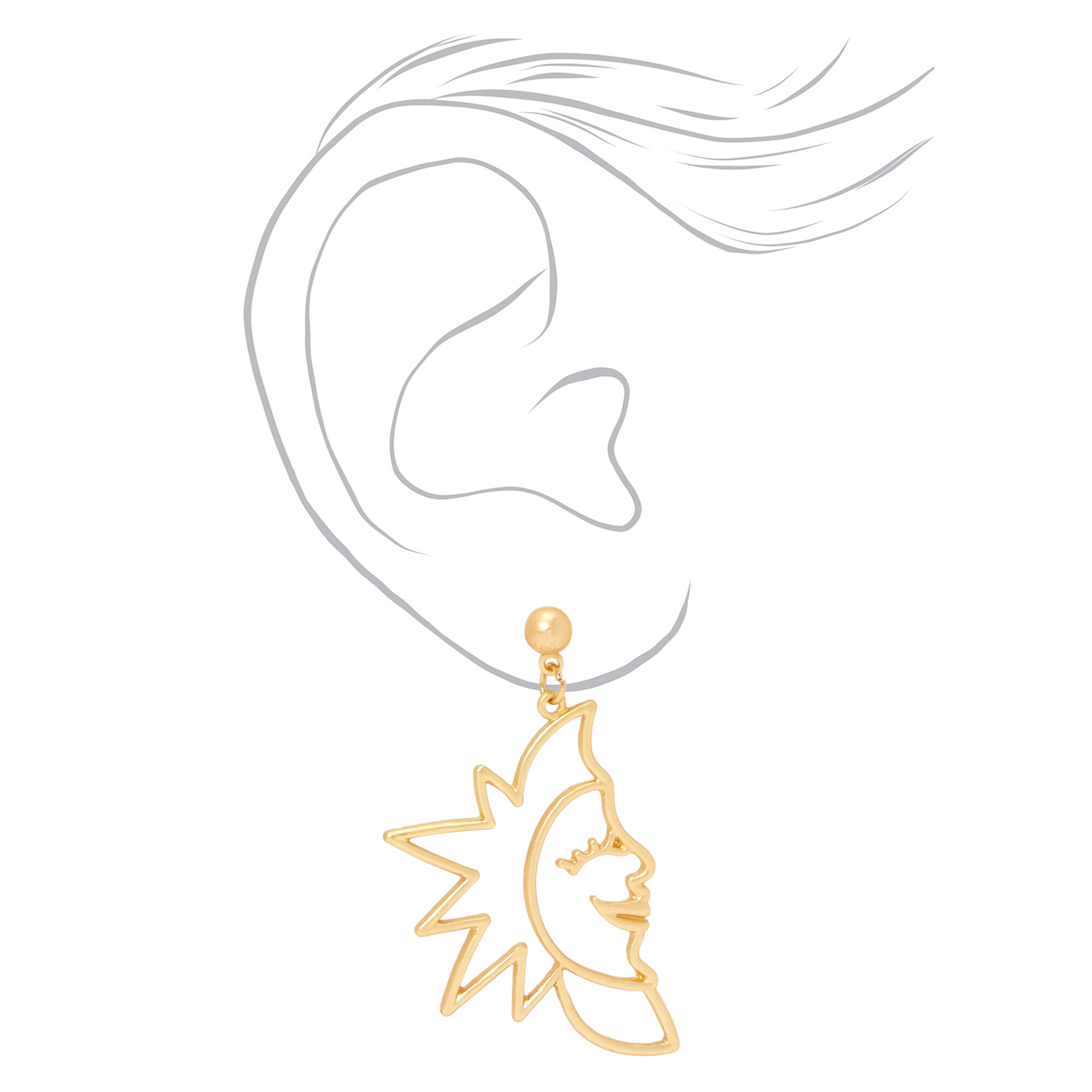 Gold 3" Sun & Crescent Moon Outline Drop Earrings,