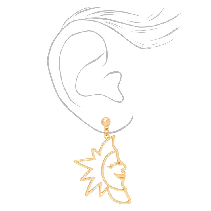 Gold 3&quot; Sun &amp; Crescent Moon Outline Drop Earrings,