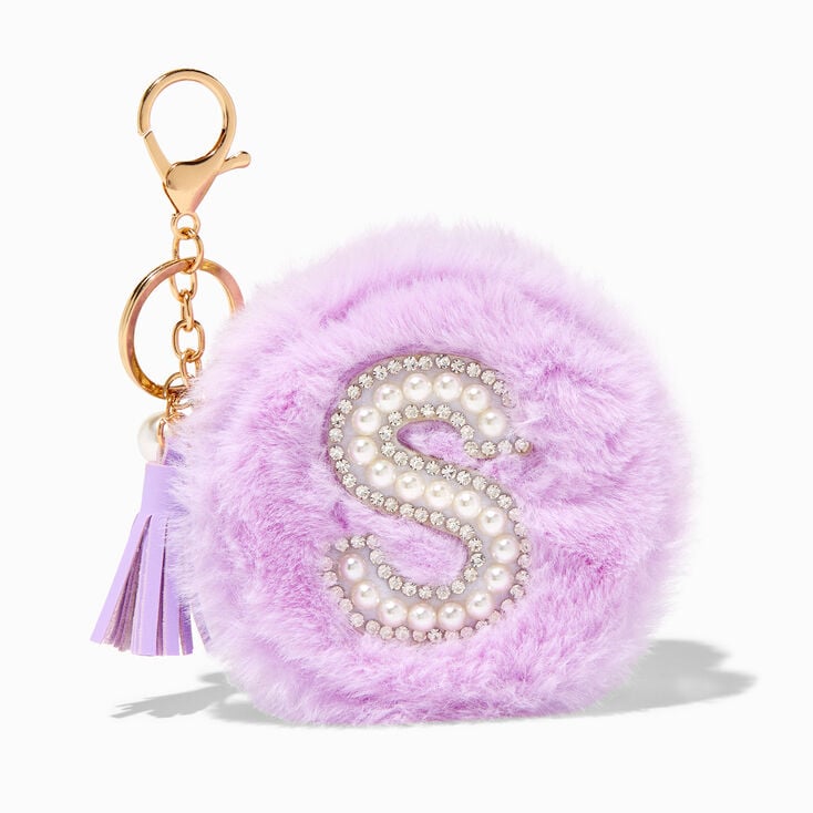 Purple Furry Pearl Initial Coin Purse Keychain - S,