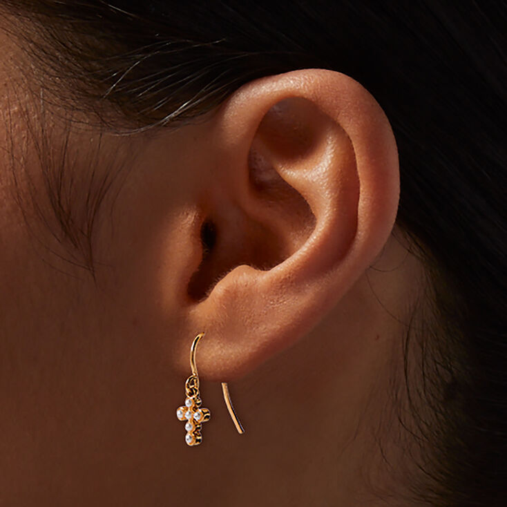 Pearl Cross Gold-tone Drop Earrings,