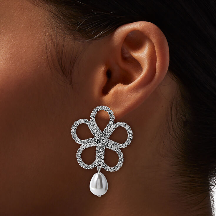 Pendantes fleurs strass et perle d&#39;imitation,