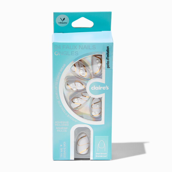 Gold Squiggle &amp; Pearl Short Almond Vegan Faux Nail Set - 24 Pack,