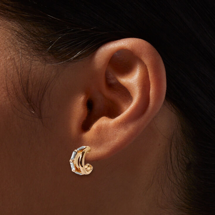 Baguette Crystal Gold-tone Double Hoop Earrings,