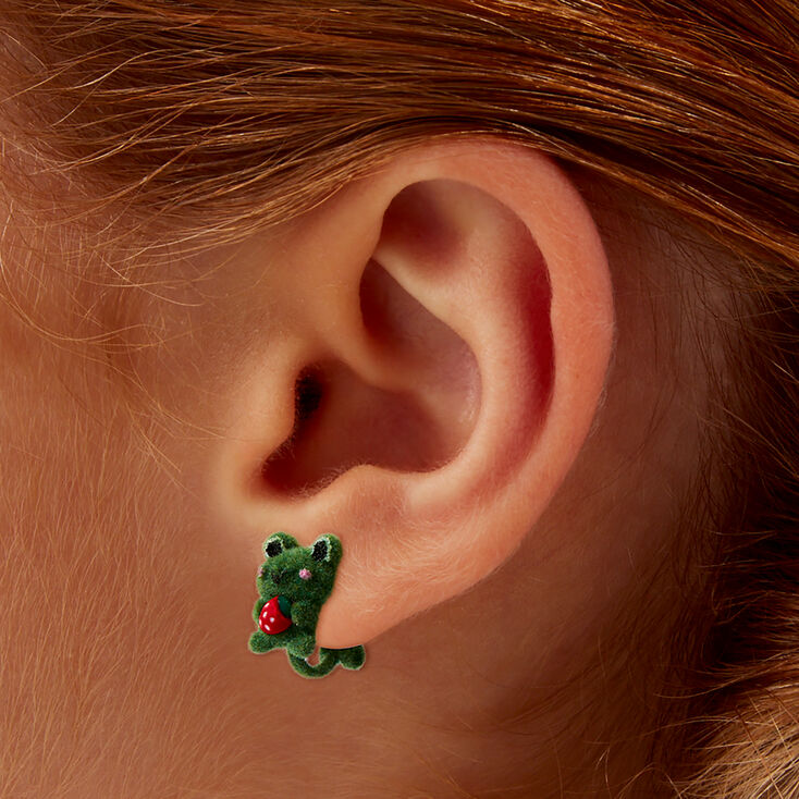 Green Fuzzy Frog Clip-On Stud Earrings,