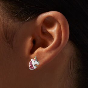 Clous d&#39;oreilles f&ecirc;te licorne strass couleur argent&eacute;e,