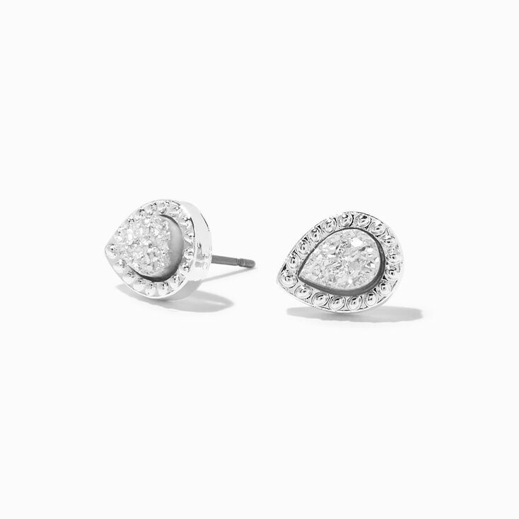 Silver-tone Druzy Teardrop Stud Earrings,