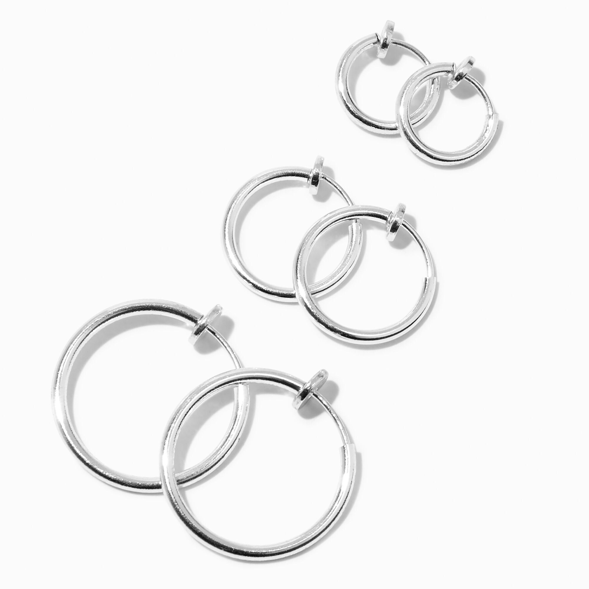 View Claires Graduated Clip On Hoop Earrings 3 Pack Silver information