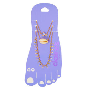 Gold Cascading Cowrie Shell Anklets - 3 Pack,