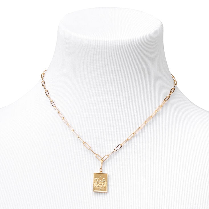 Gold Rectangle Zodiac Symbol Pendant Necklace - Gemini,