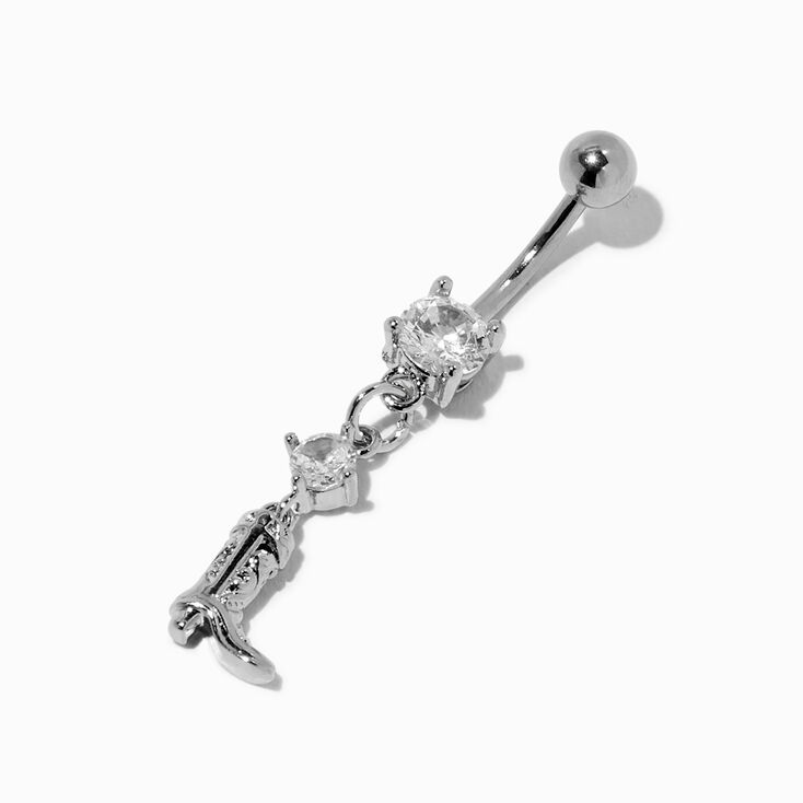 Silver-tone Stainless Steel Cubic Zirconia Cowboy Boot 14G Belly Bar,