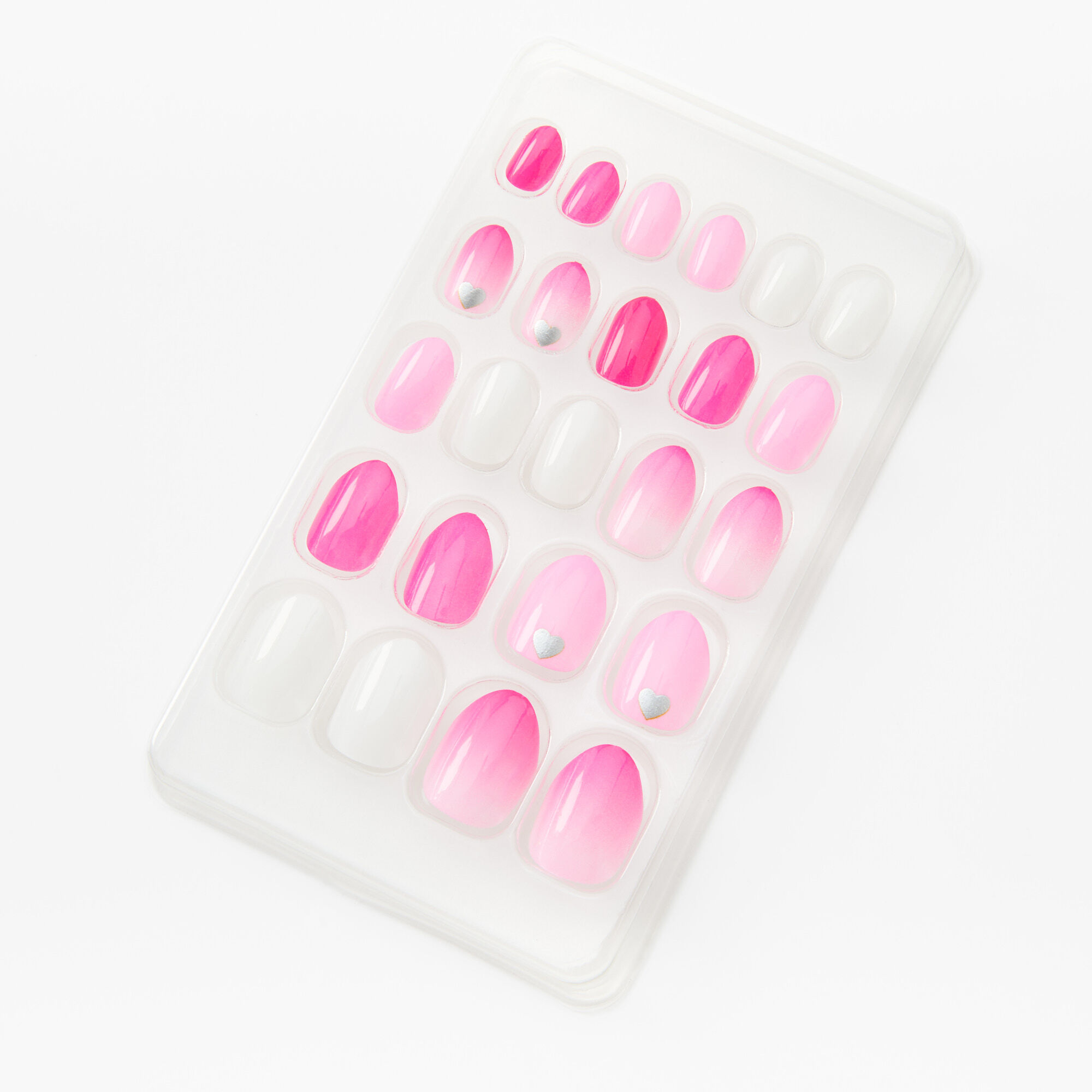 Faux ongles vegan autocollants stiletto cœurs avec dégradé rose - Lot de 24,
